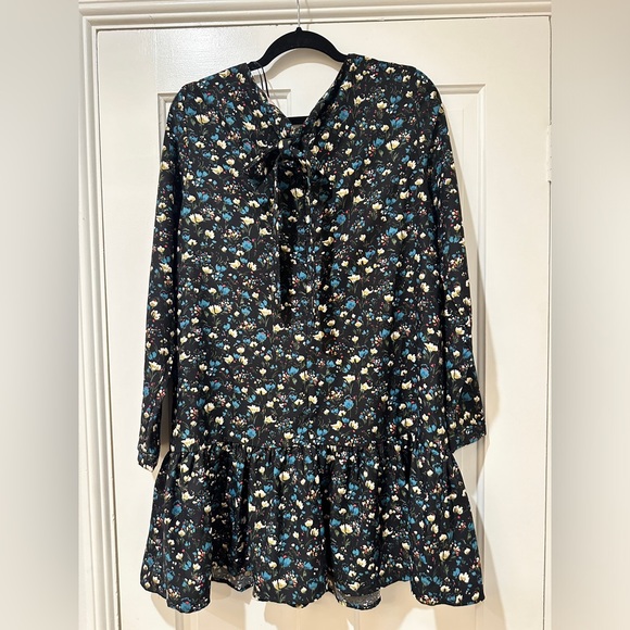 Philosophy black floral print long sleeve back bow ribbon mini flare dress - Picture 2 of 15